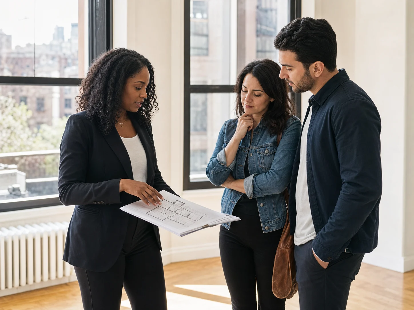 Real estate professional discussing a property with clients
