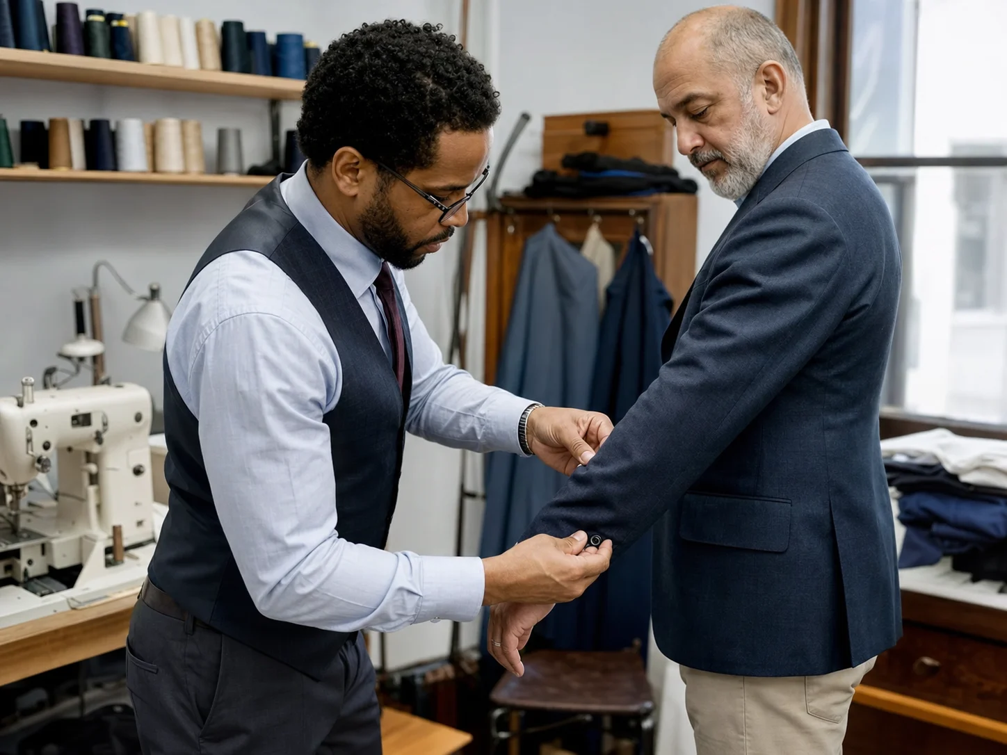 Tailor fitting and altering a client's jacket
